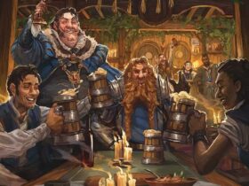 D&amp;D art of a tavern scene, adventurers sit around a table drinking from tankards