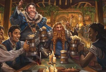 D&amp;D art of a tavern scene, adventurers sit around a table drinking from tankards