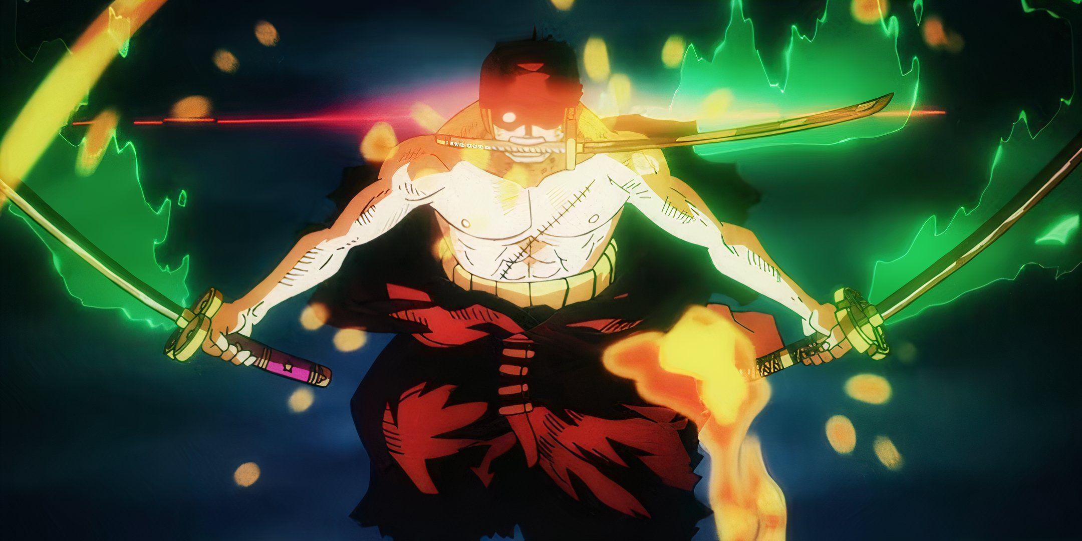 An image of Zoro holding his three swords, ready to fight.