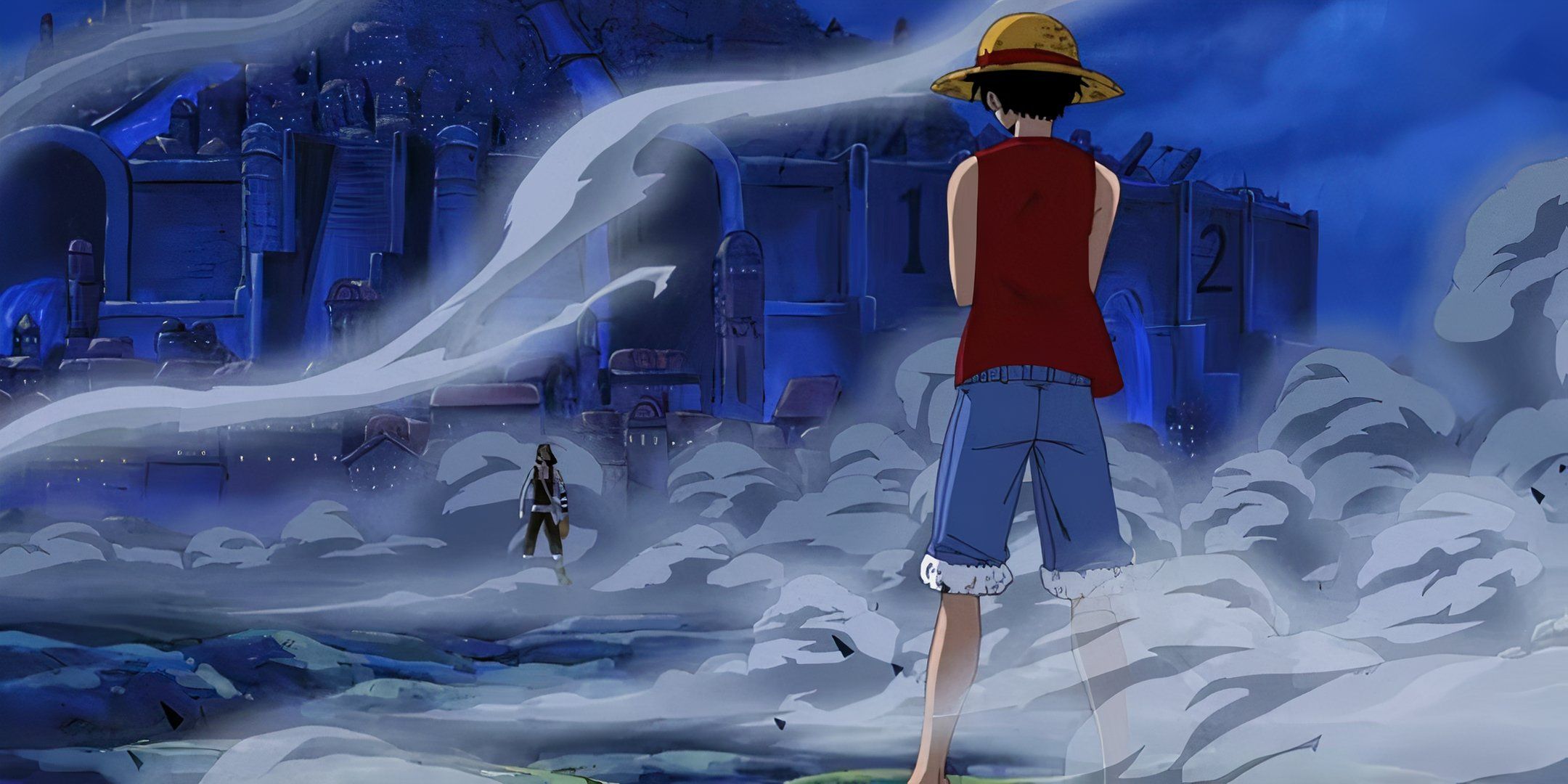 An image of Usopp confronting Luffy in a battle.