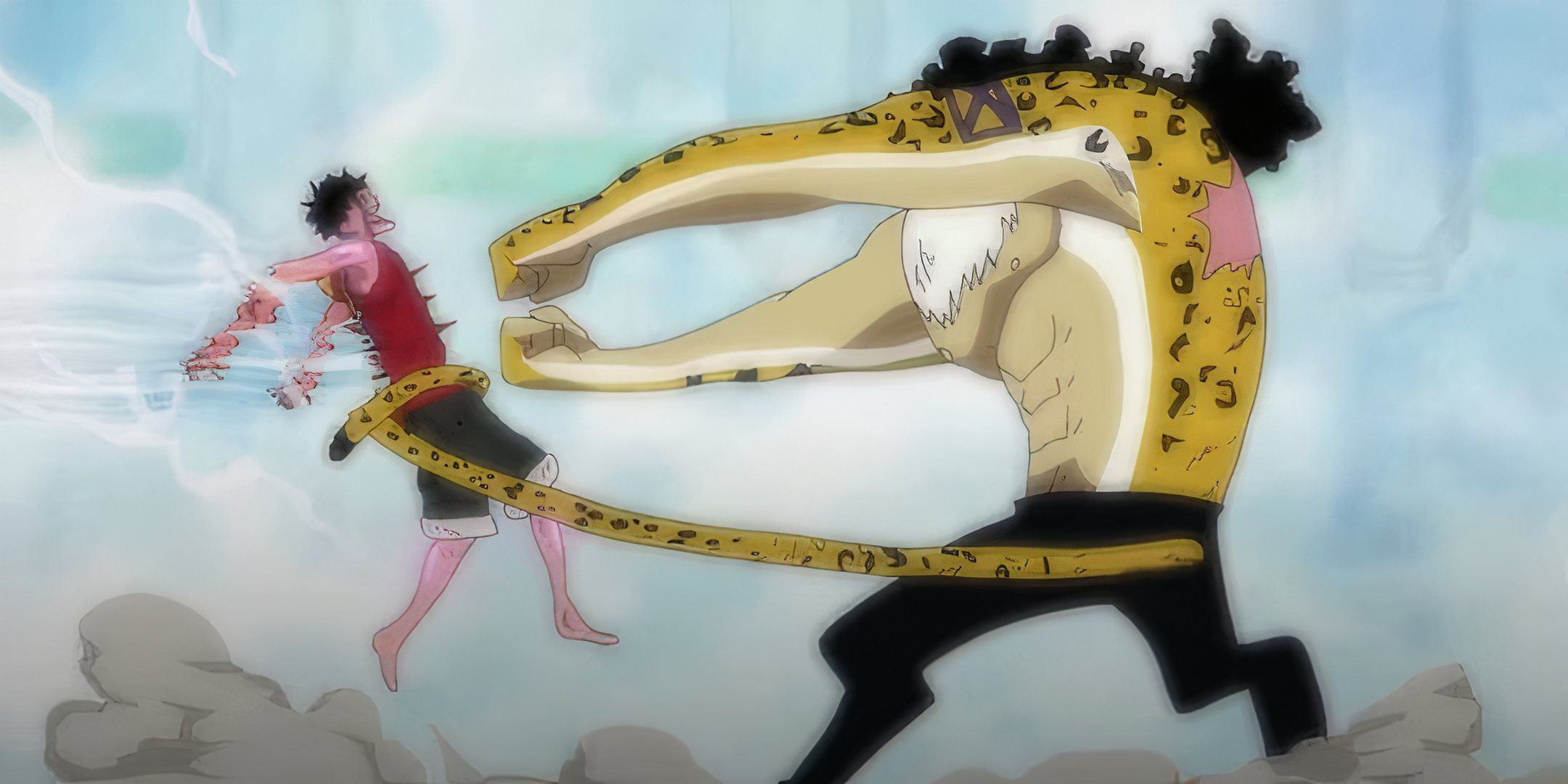 An image of Rob Lucci punchi Monkey D. Luffy.