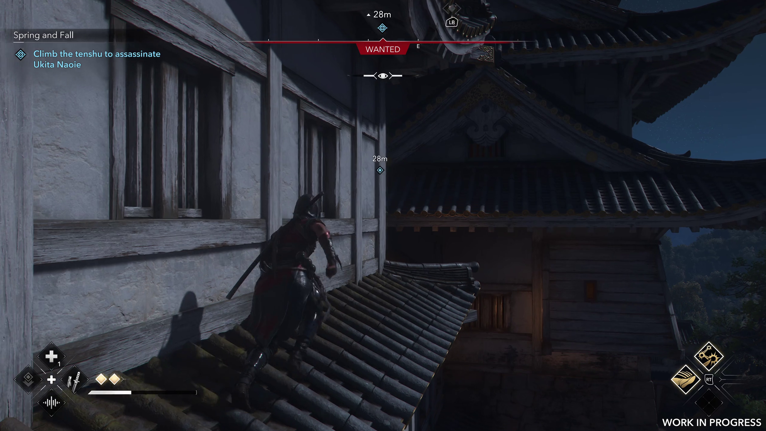 Naoe runs along the roof of a castle in Assassin's Creed Shadows