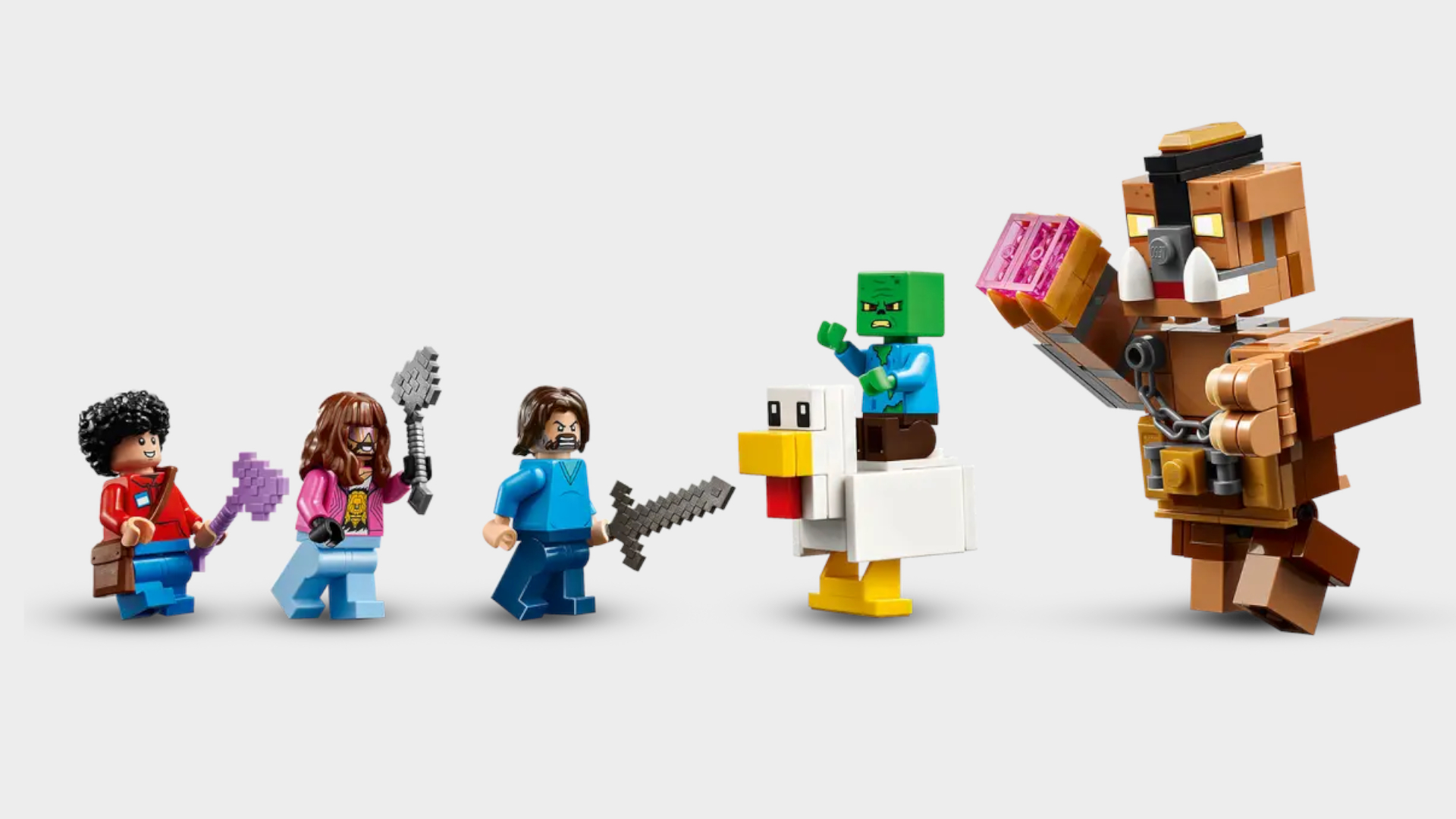 Lego Minecraft movie minifigures laid out on a plain background