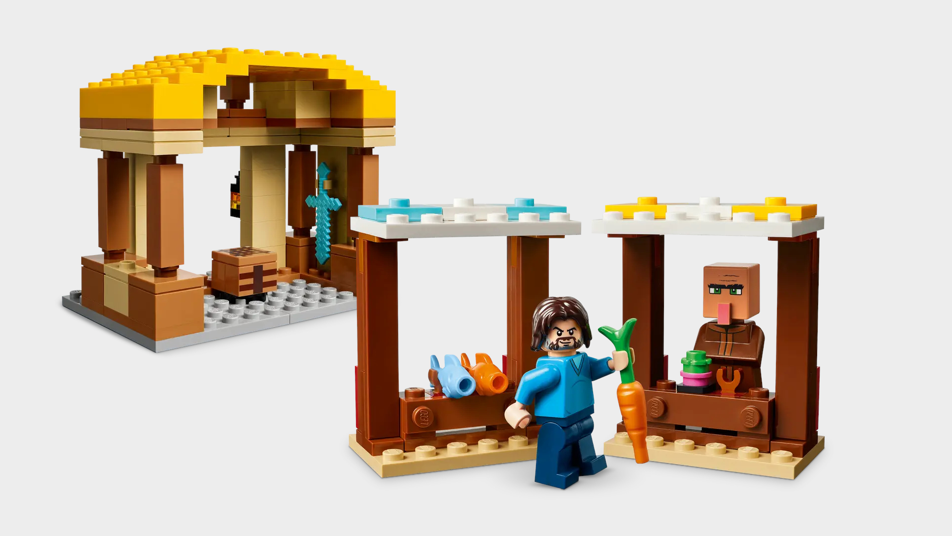 Lego stalls and shops, with Steve minifig holding a carrot