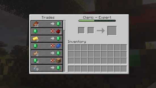 The Minecraft villager trade interface, showing the trades of an Expert Cleric