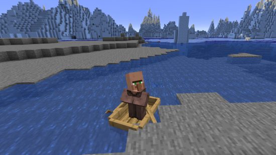 How to populate a Minecraft village: Transport a Minecraft villager in a boat or Minecraft - image shows a villager sitting in a boat.