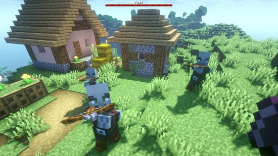 Four Pillagers aim crossbows at the players during a Minecraft village raid