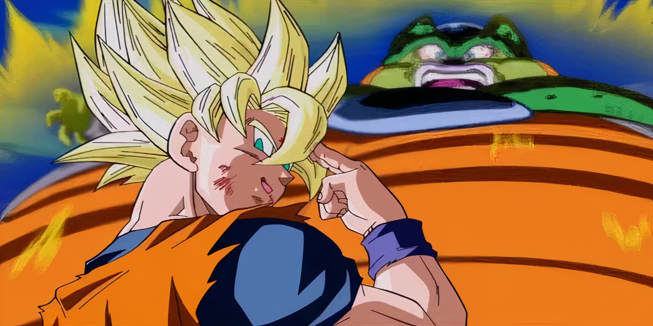 Goku using instant transmission to teleport Cell's exploding body and dying.