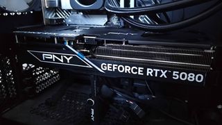 PNY RTX 5080 OC graphics card installed inside PC