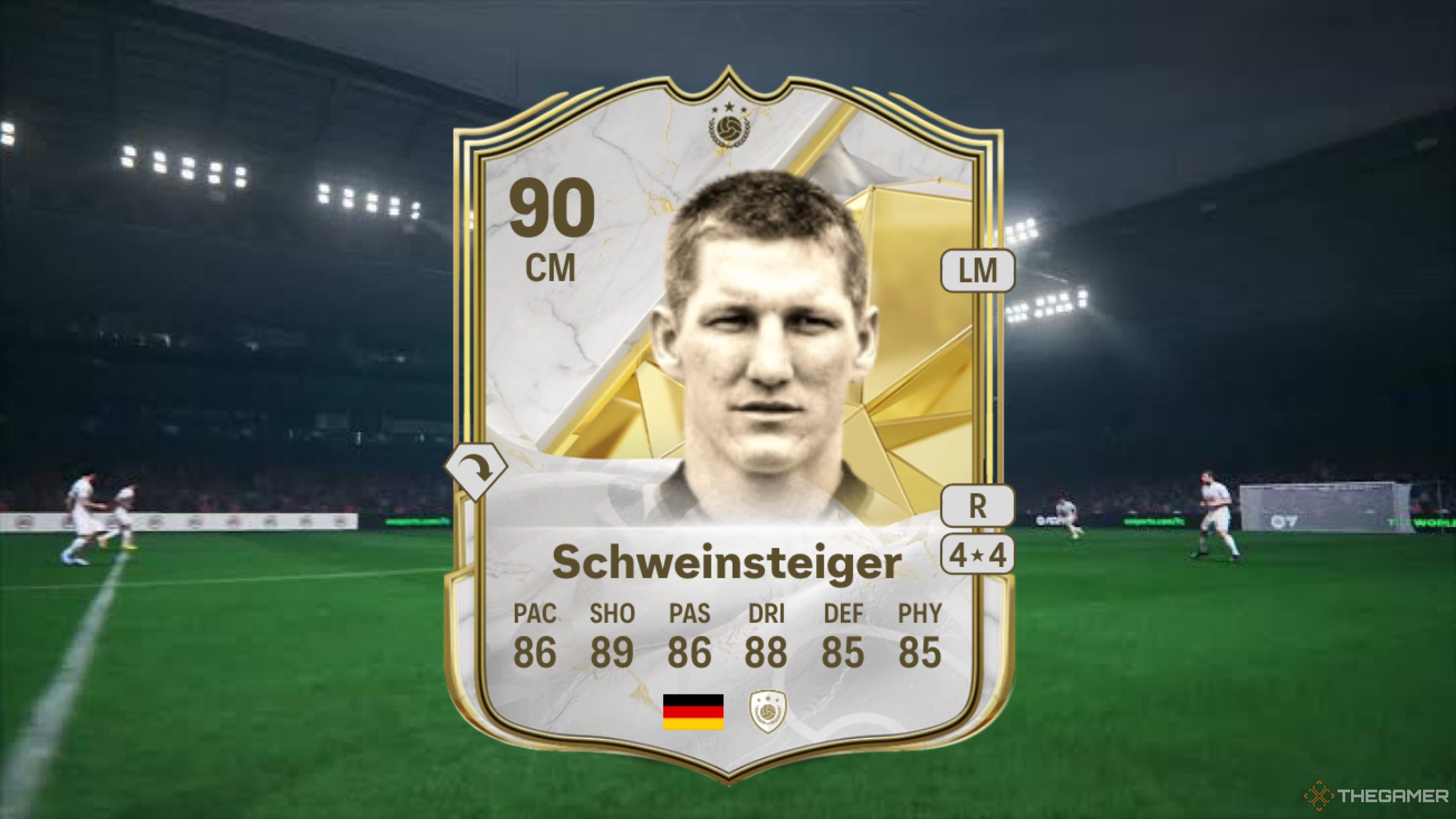 Image showing Schweinsteiger card against a faded pitch background.