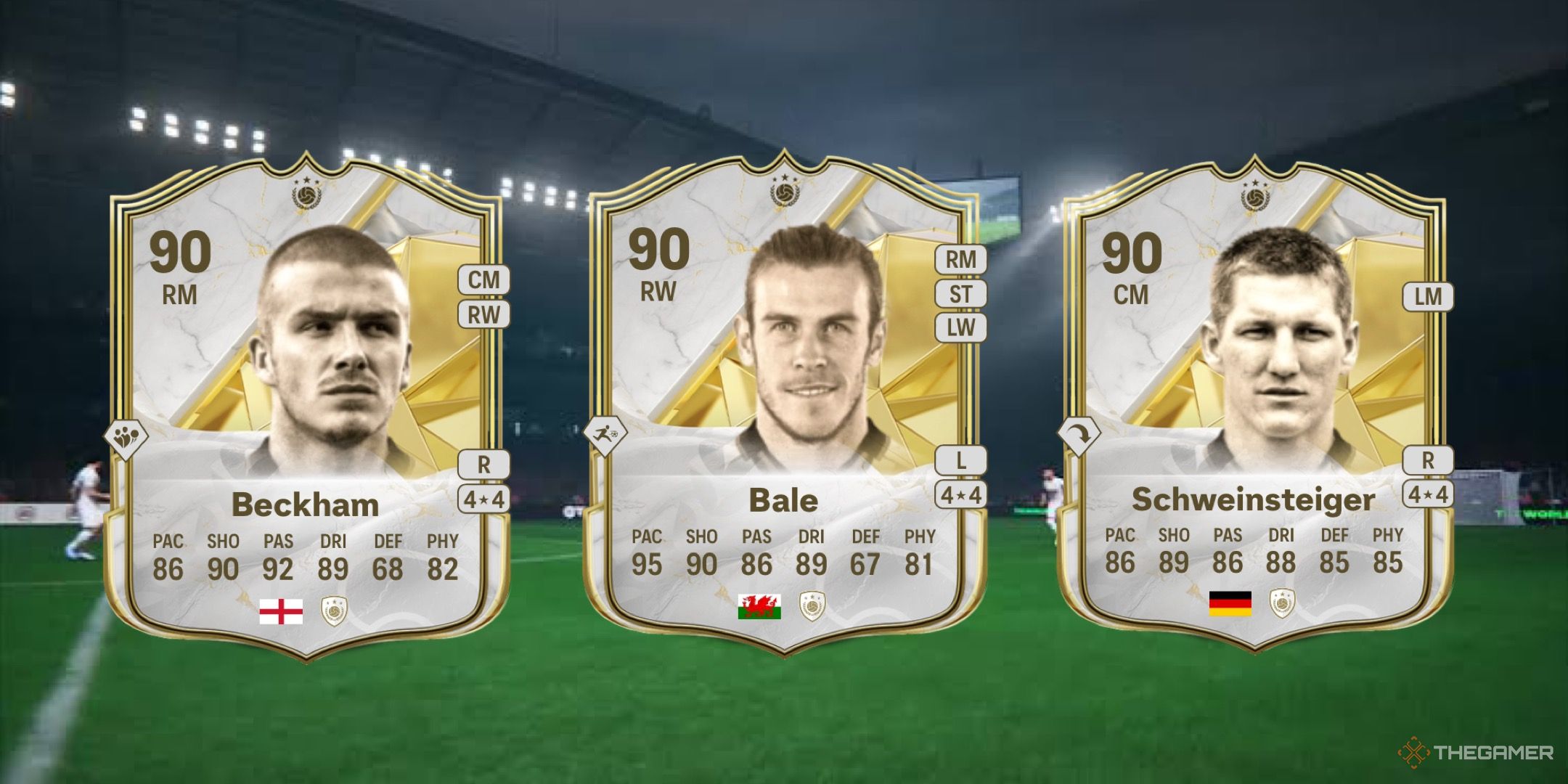 Image showing Beckham, Bale, and Schweinsteiger card against a faded pitch background.