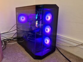 Maingear Zero Ruby showcasing its blue RGB lighting