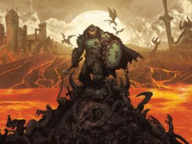 Doom: The Dark Ages key art featuring the slayer on top a pile of bodies with the ruins of hell behind them