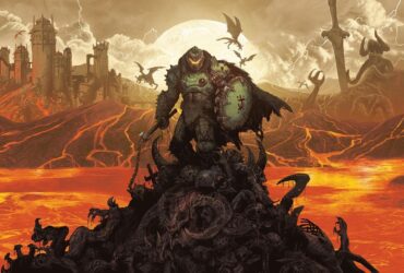 Doom: The Dark Ages key art featuring the slayer on top a pile of bodies with the ruins of hell behind them