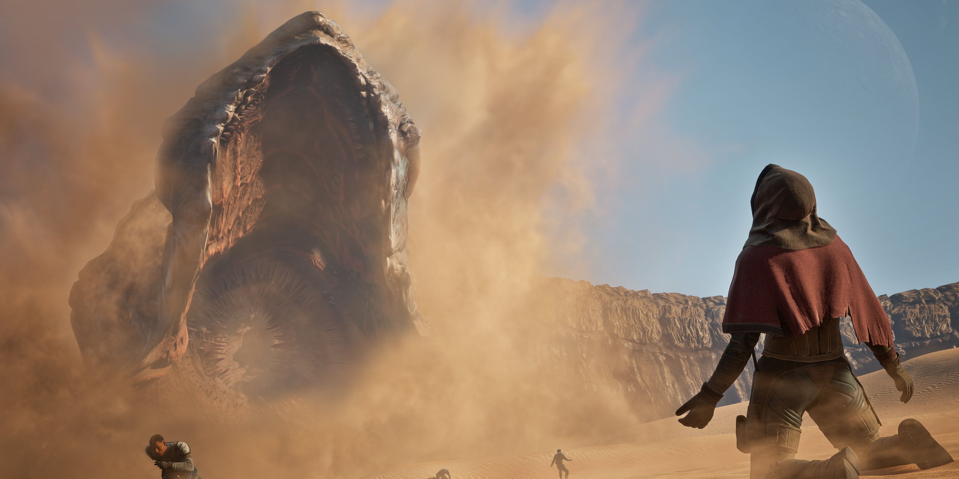 A sandworm leaping out the sand in Dune: Awakening.