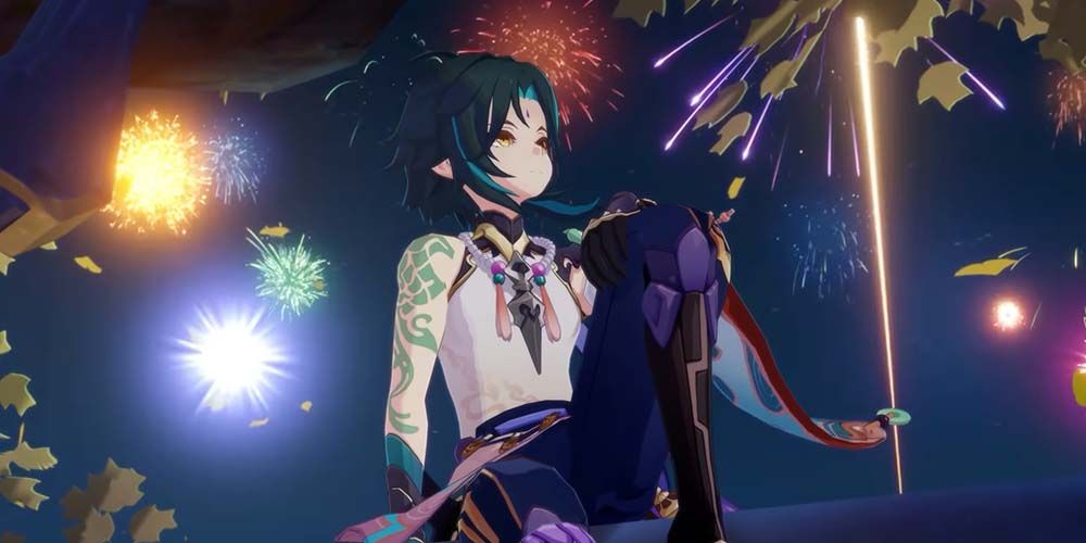 Genshin Impact, Xiao sitting on the edge of a roof and watching fireworks