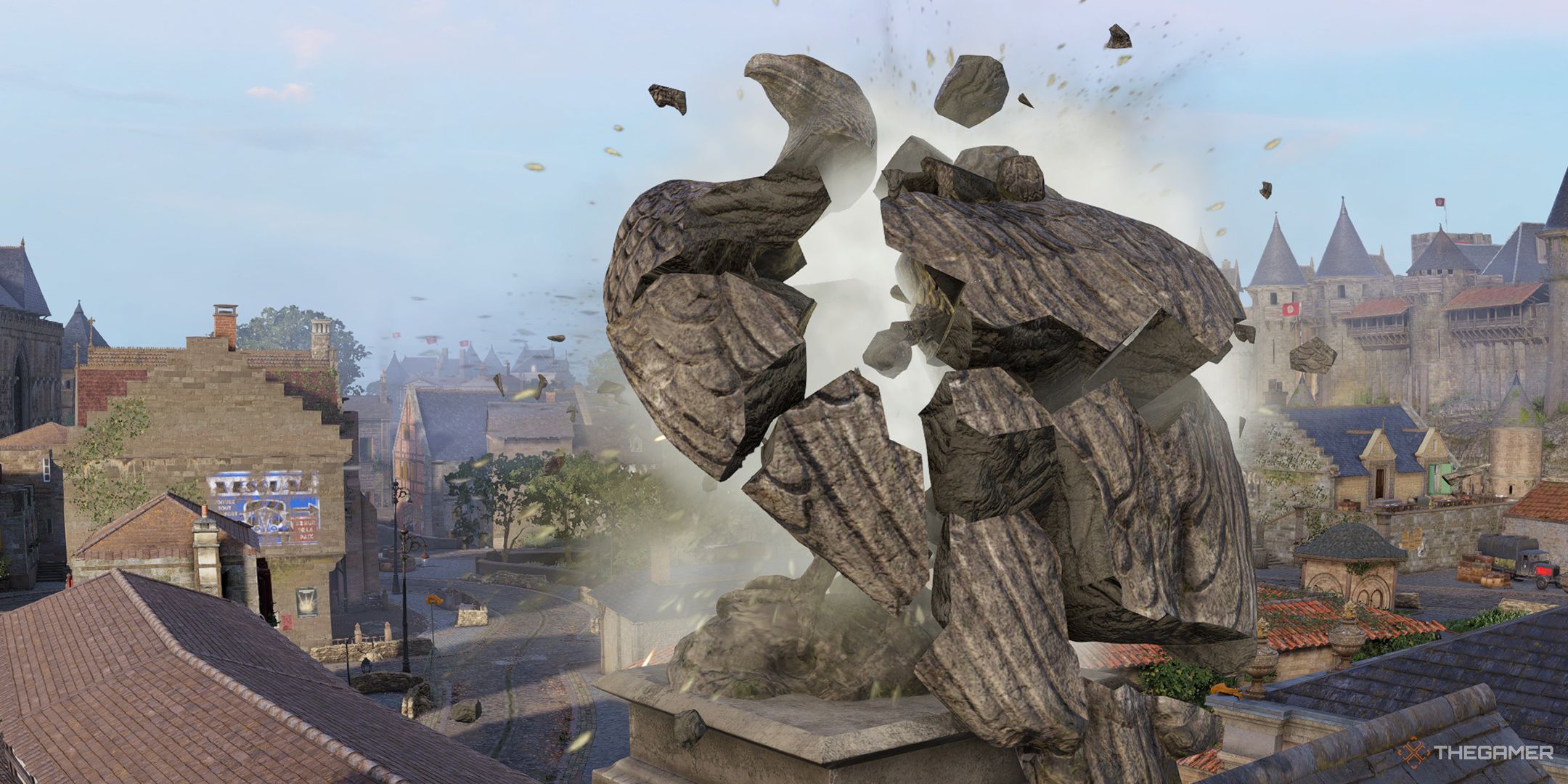 A smashed stone eagle in Sniper Elite Resistance.