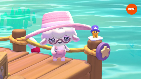 Hello Kitty Island Adventure Tophat Gudetama locations: A Sanrio-style player character that looks like a lamb stands next to a figurine of Gudetama wearing a tophat.