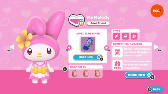 Hello Kitty Island Adventure gift guide: The in-game page for My Melody's friendship level and likes.