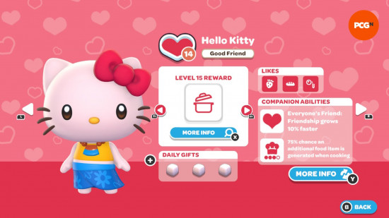 Hello Kitty Island Adventure gift guide: The in-game page for Hello Kitty's friendship level and likes.