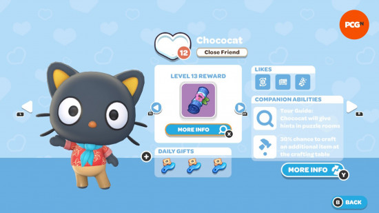 Hello Kitty Island Adventure gift guide: The in-game page for Chococat's friendship level and likes.