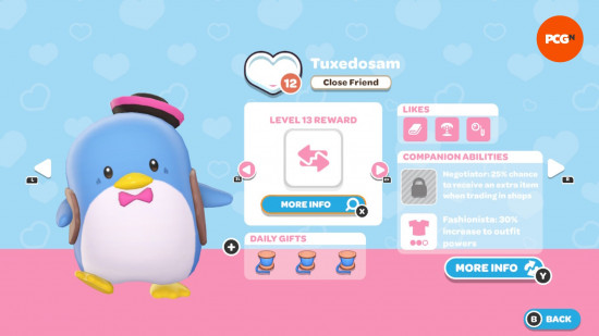 Hello Kitty Island Adventure gift guide: The in-game page for Tuxedosam's friendship level and likes.