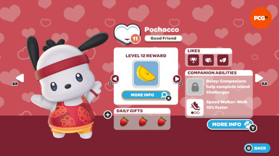 Hello Kitty Island Adventure gift guide: The in-game page for Pochacco's friendship level and likes.