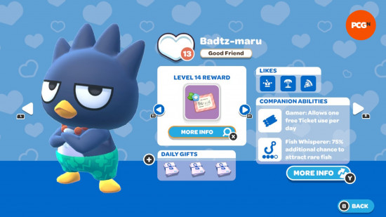 Hello Kitty Island Adventure gift guide: The in-game page for Badtz-maru's friendship level and likes.