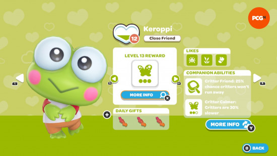 Hello Kitty Island Adventure gift guide: The in-game page for Keroppis' friendship level and likes.