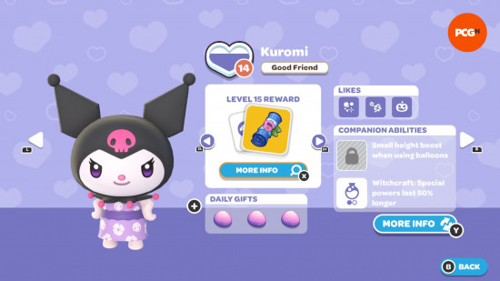 Hello Kitty Island Adventure gift guide: The in-game page for Kuromi's friendship level and likes.