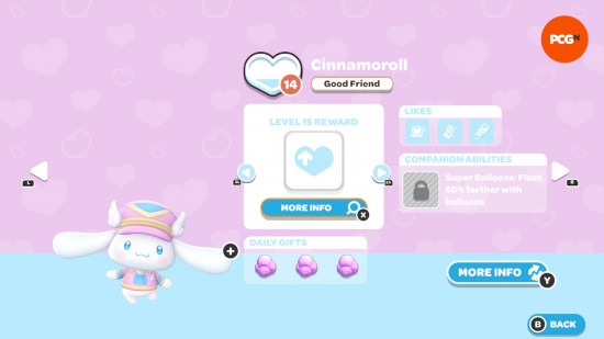 Hello Kitty Island Adventure gift guide: The in-game page for Cinnamoroll's friendship level and likes.