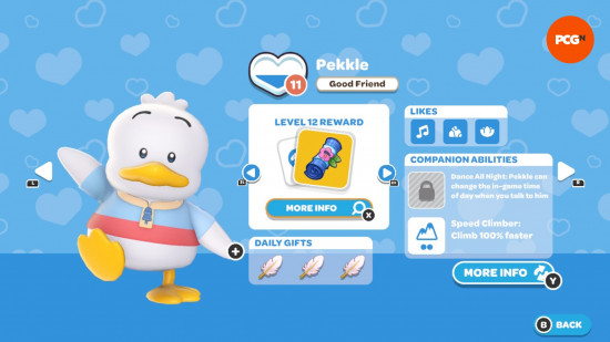 Hello Kitty Island Adventure gift guide: The in-game page for Pekkle's friendship level and likes.