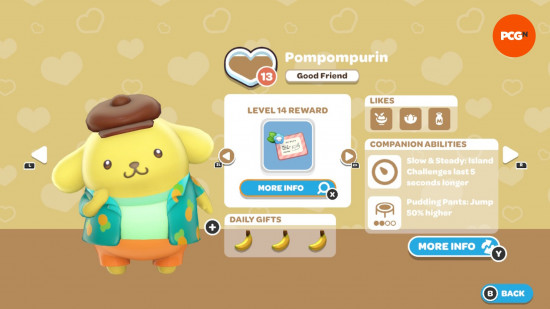 Hello Kitty Island Adventure gift guide: The in-game page for Pompompurin's friendship level and likes.