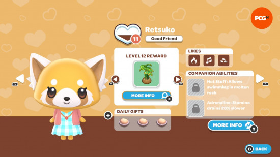 Hello Kitty Island Adventure gift guide: The in-game page for Retsuko's friendship level and likes.