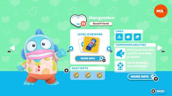 Hello Kitty Island Adventure gift guide: The in-game page for Hangyodon's friendship level and likes.