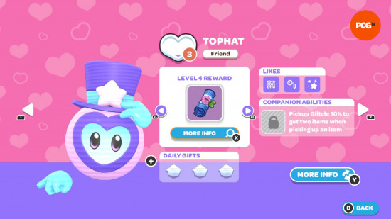 Hello Kitty Island Adventure gift guide: The in-game page for Tophat's friendship level and likes.