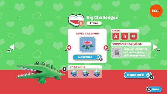 Hello Kitty Island Adventure gift guide: The in-game page for Big Challenge's friendship level and likes.