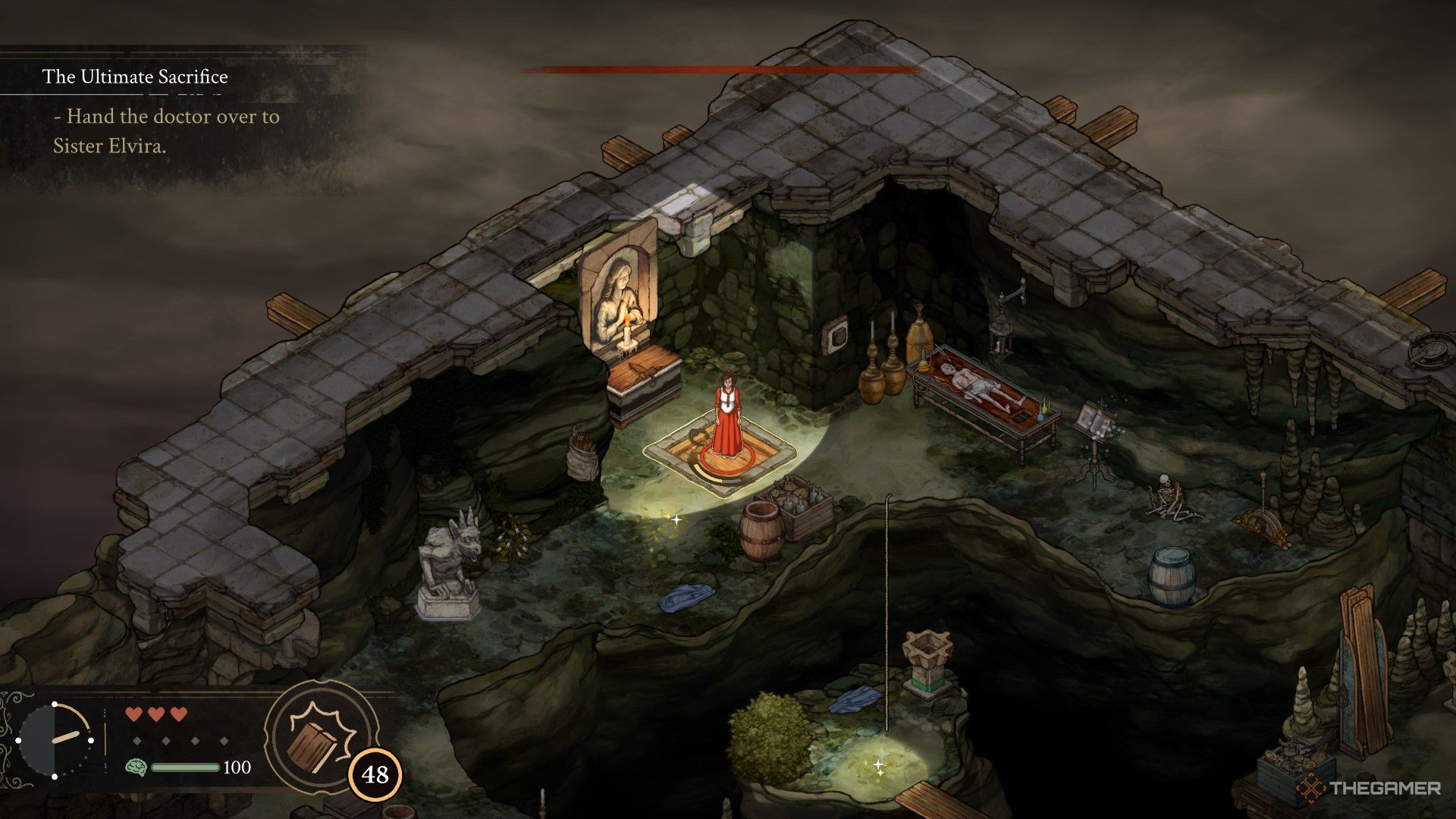 Leonora is standing next to the Cloister Caverns cellar door in The Stone Of Madness.