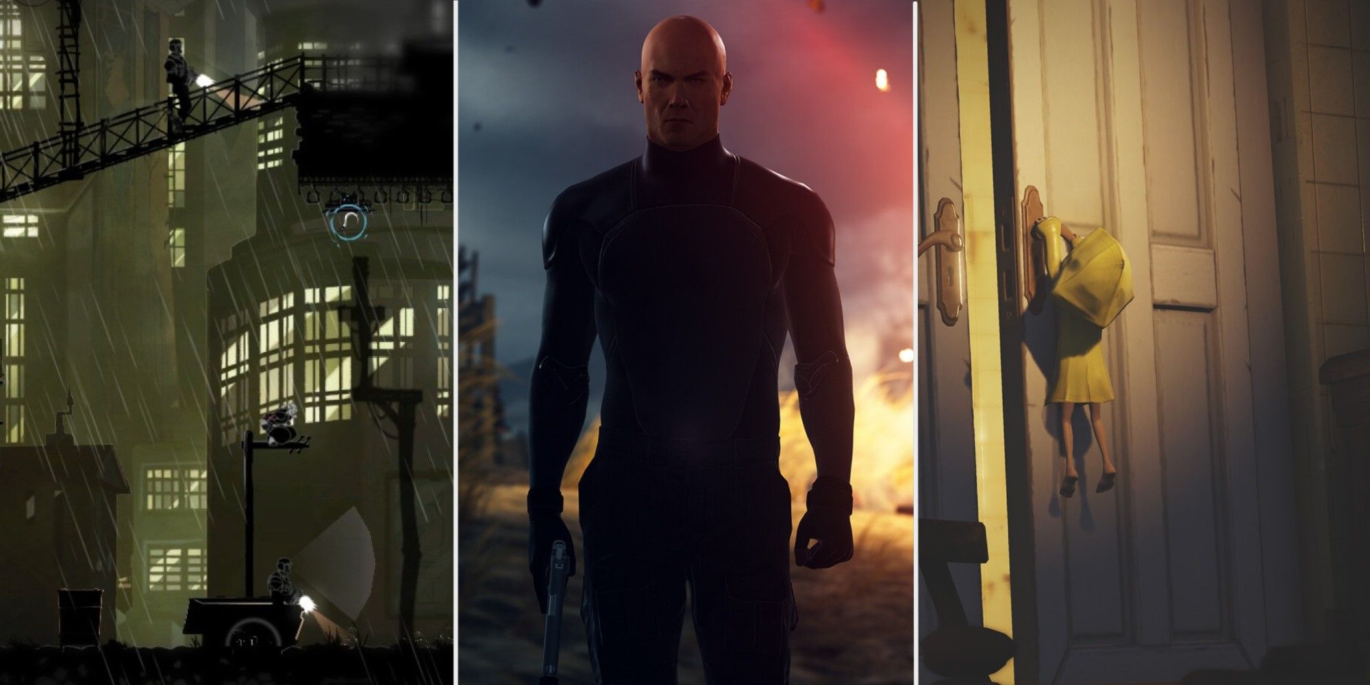 A split image showing Mark of the Ninja, Hitman and Little Nightmares