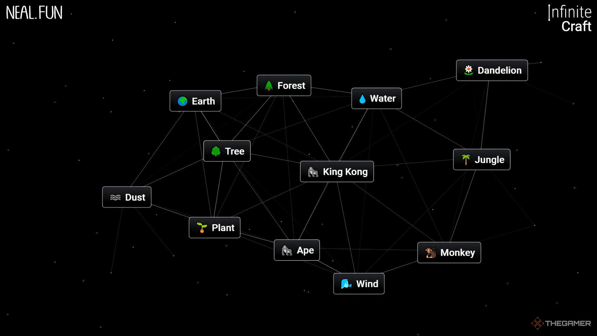 An Infinite Craft screen showing King Kong and several blocks that make him.