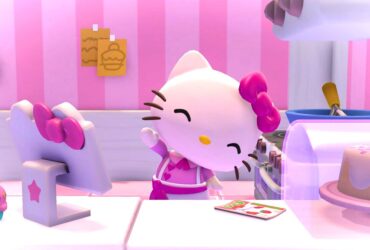 Hello Kitty Island Adventure screenshot showing Hello Kitty, a chibi-style cat character with white fur and a pink bow, smiling while waving