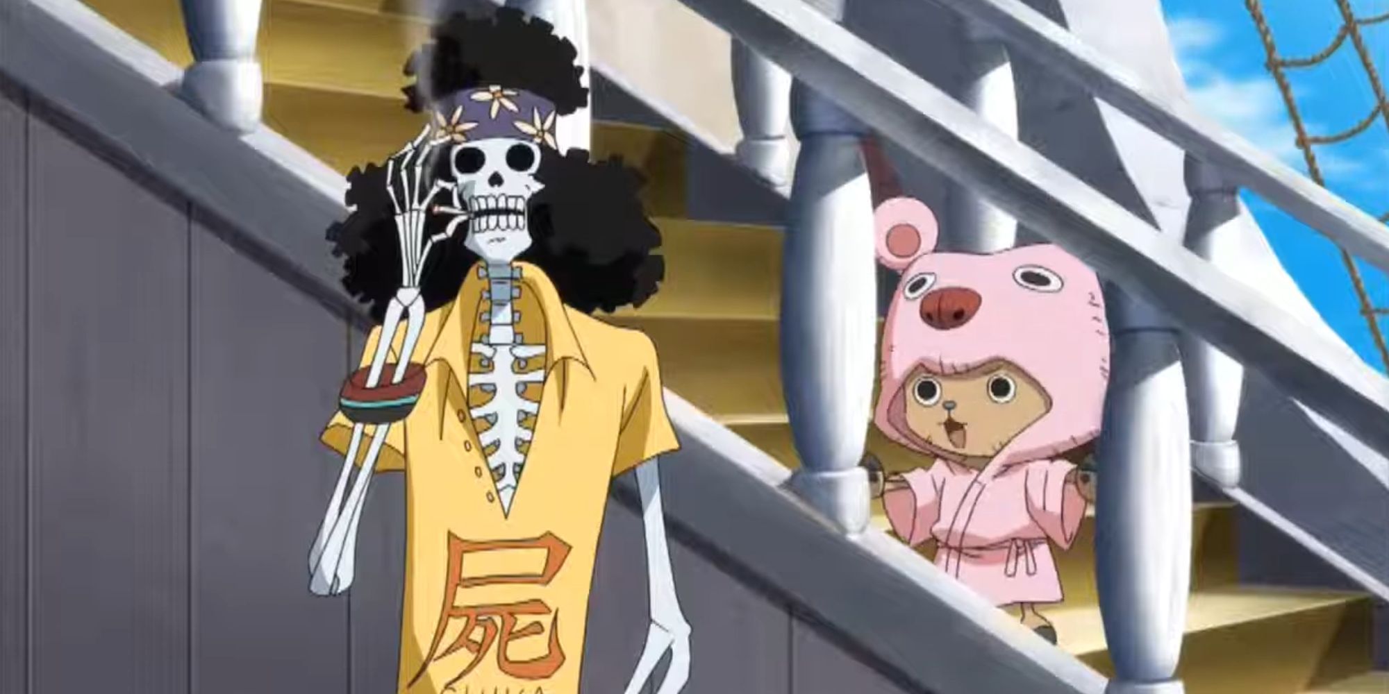 Brook smokes while talking to Chopper.