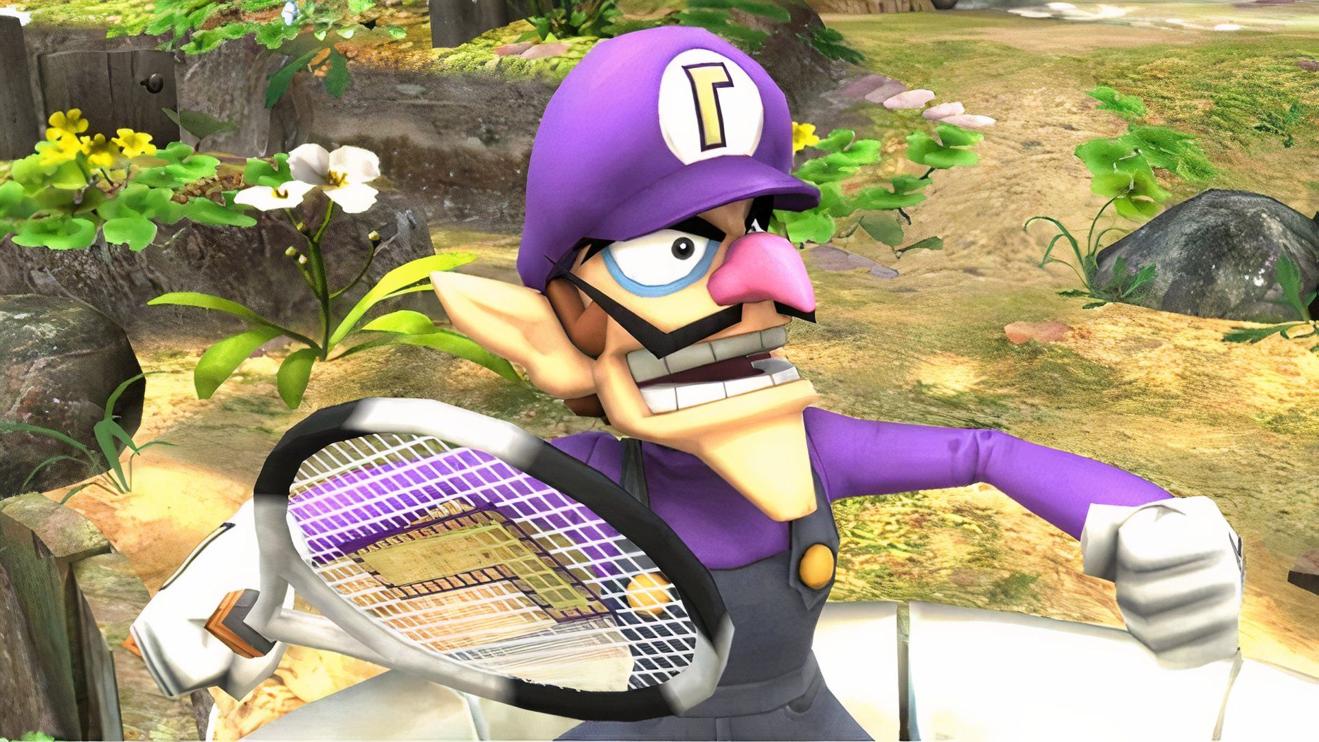 The Waluigi assist trophy holding a tennis racket in Super Smash Bros. Ultimate.