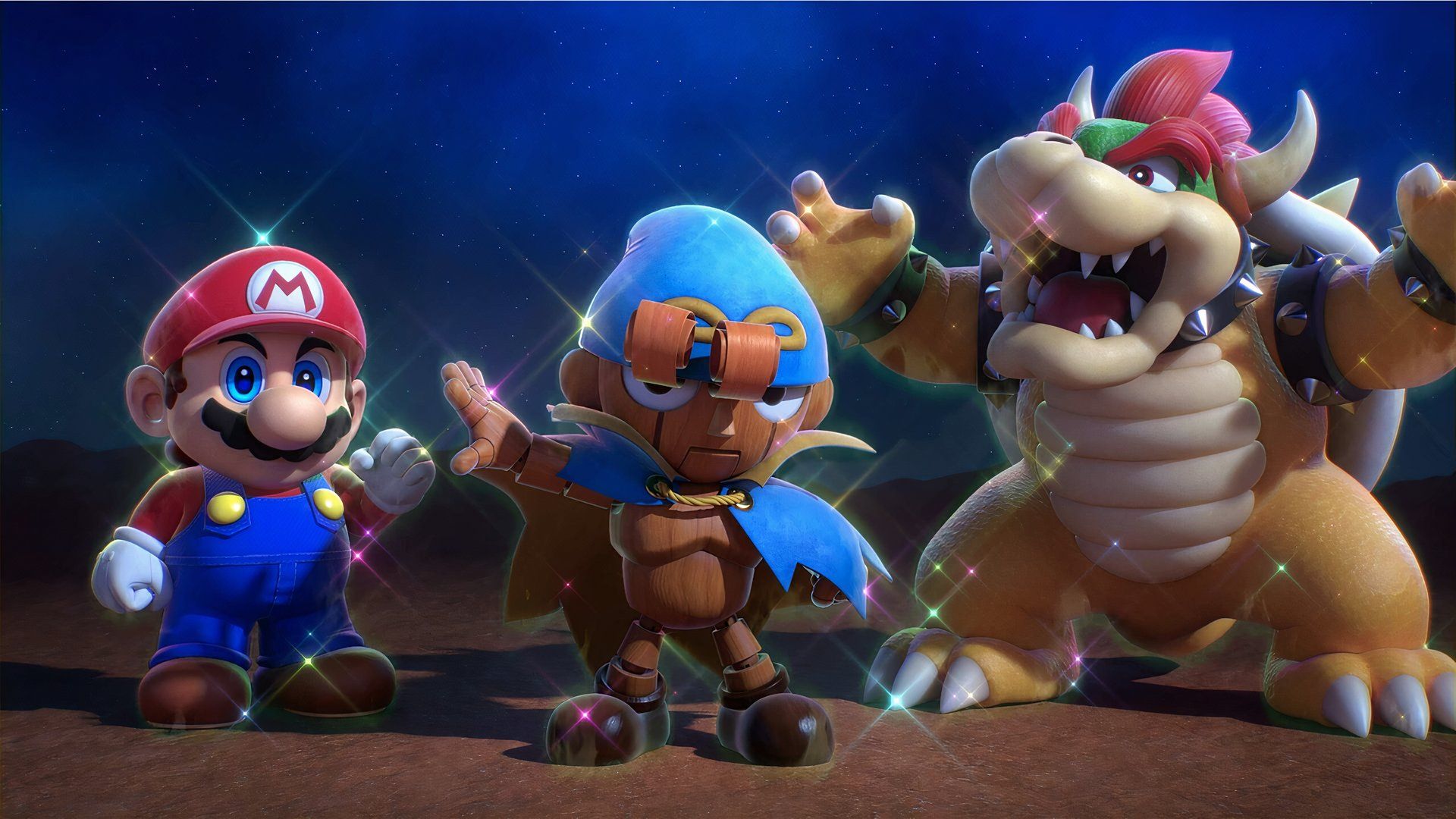 Mario, Geno, and Bowser in the Nintendo Switch remake of Super Mario RPG.