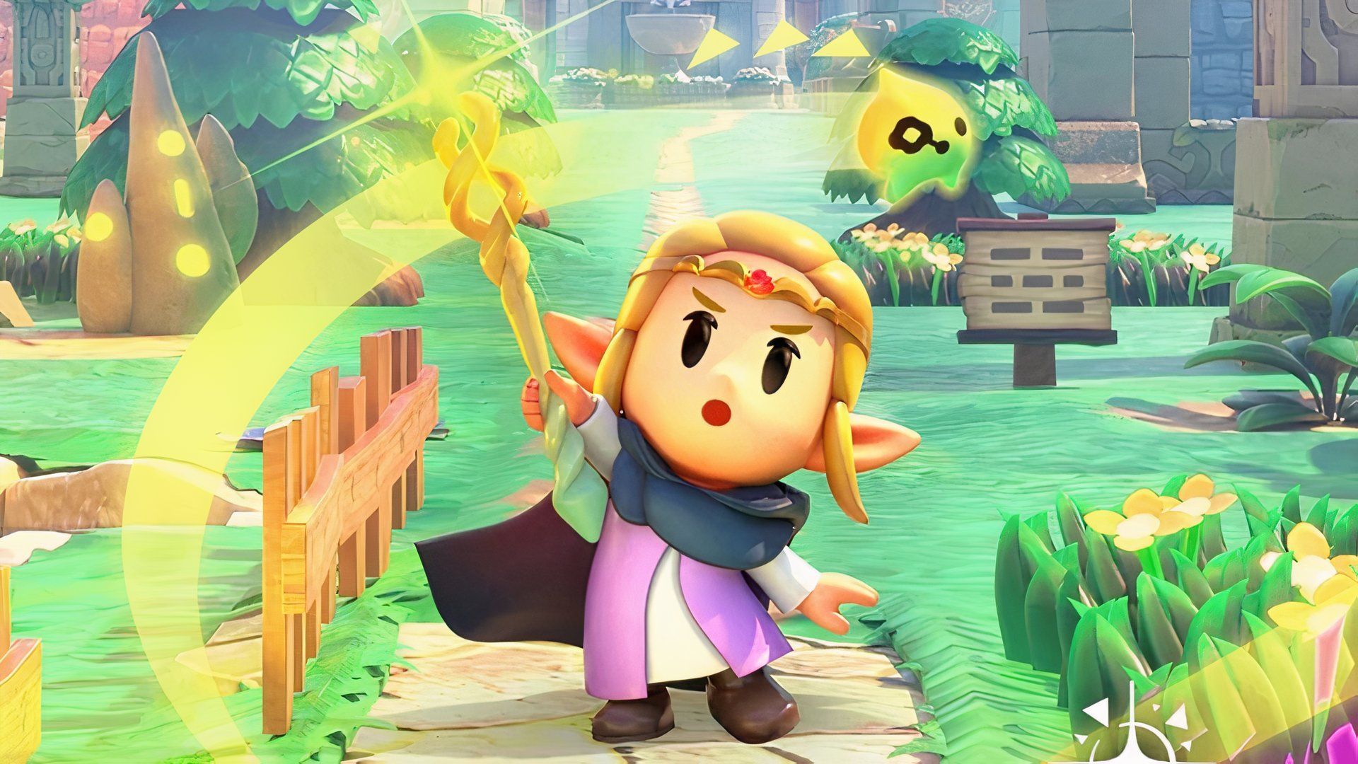 Zelda waving her Tri-Rod with Tri the Fairy in The Legend of Zelda: Echoes of Wisdom.