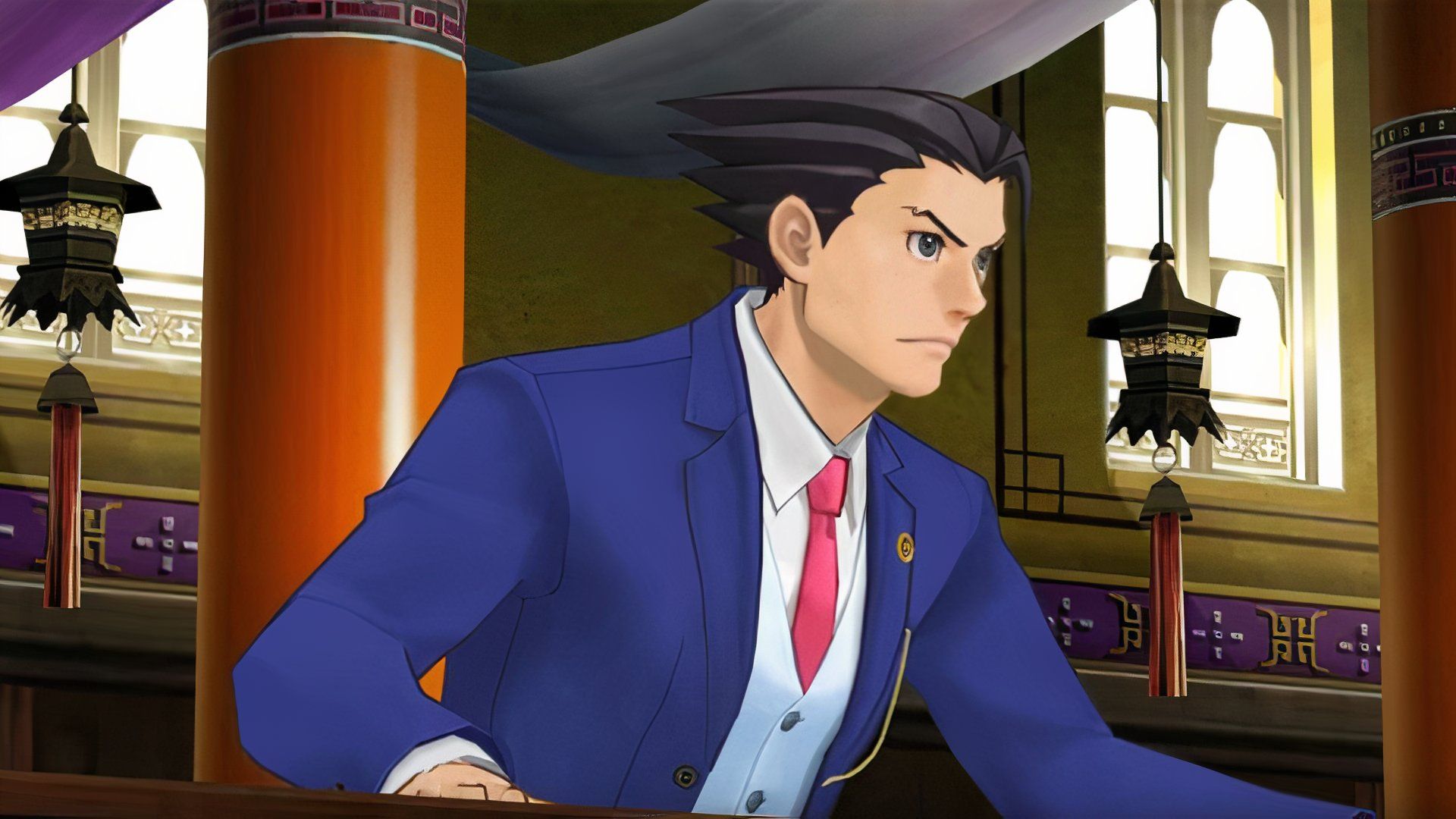 Phoenix Wright in a courtroom in Phoenix Wright: Ace Attorney - Spirit of Justice.