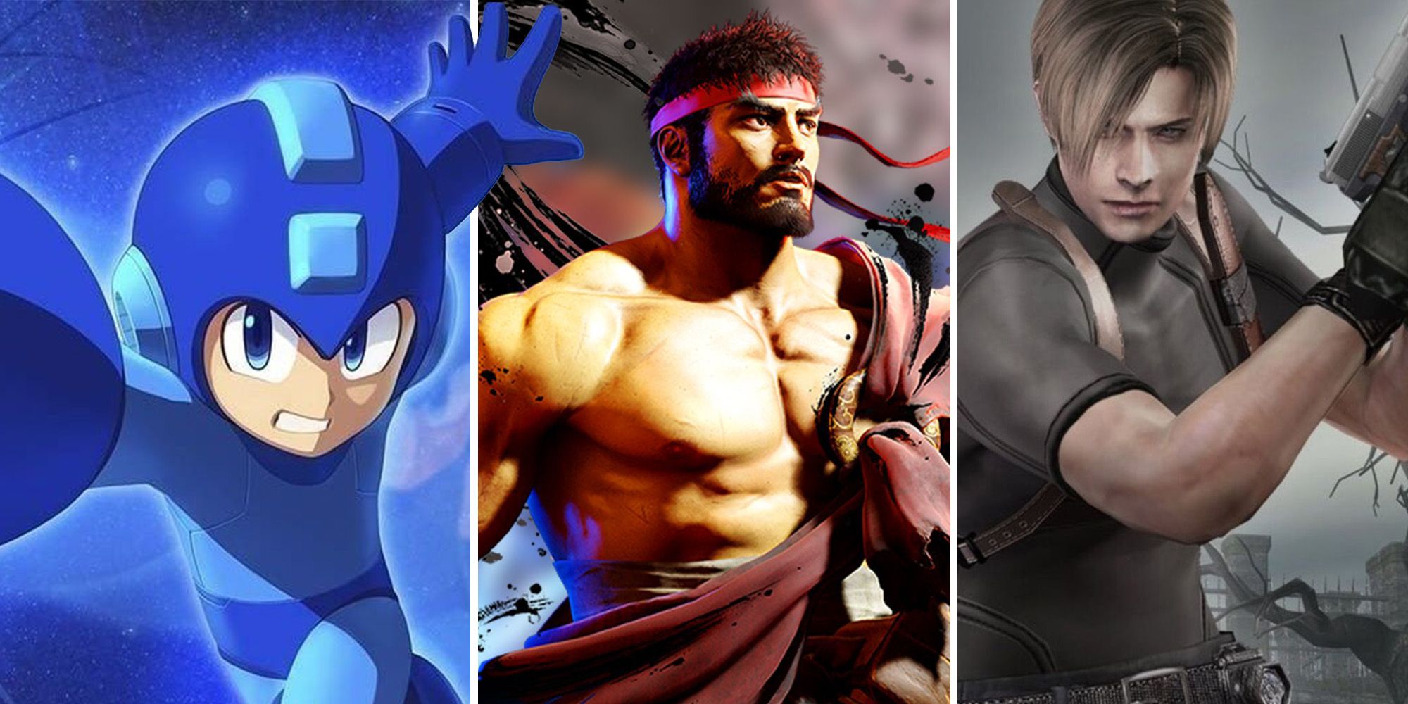 Split Image Of Mega Man, Ryu From Street Fighter, and Leon Kennedy From Resident Evil 4