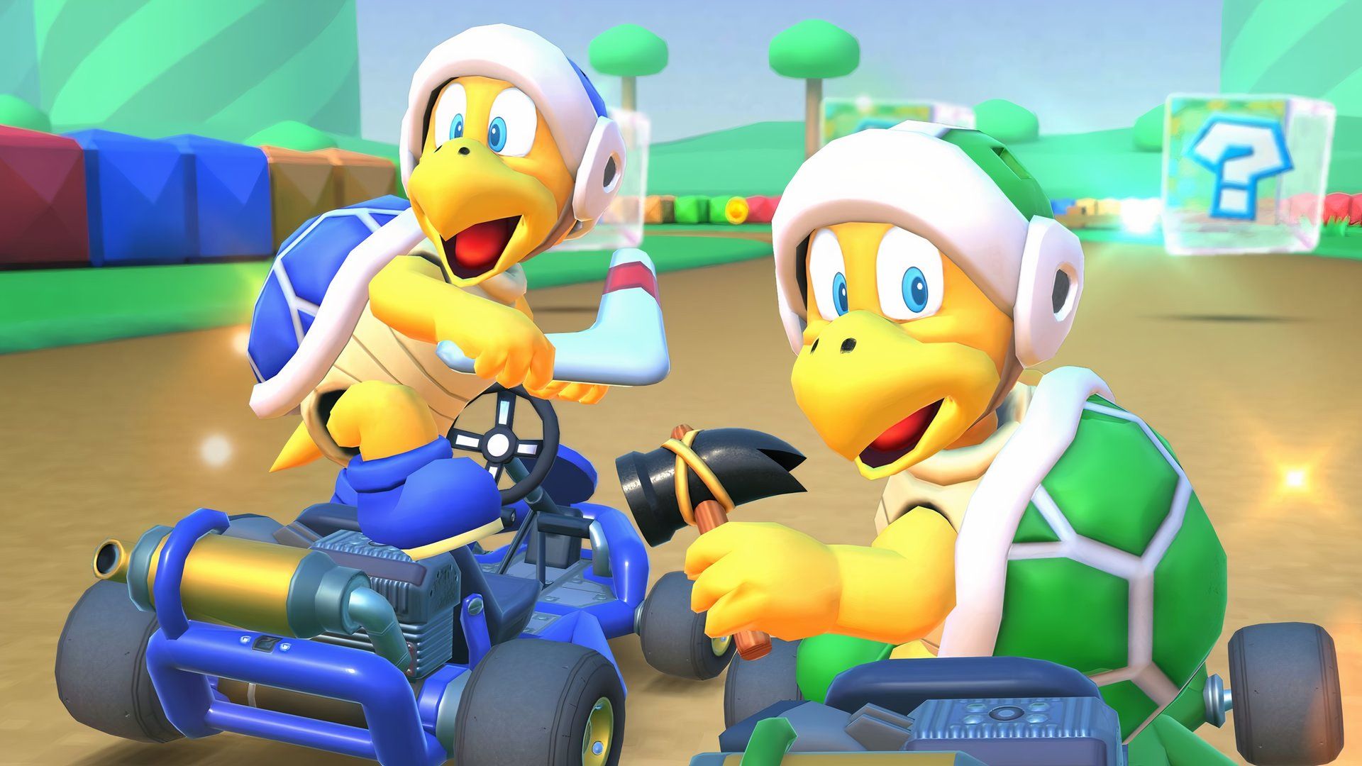 A Hammer Bro and Boomerang Bro carrying their signature weapons in Mario Kart Tour.