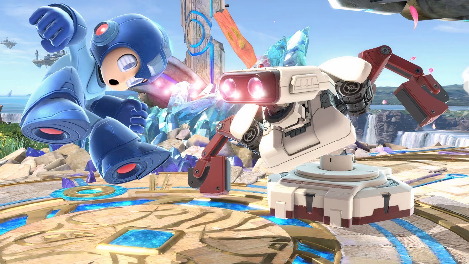 R.O.B. attacks Mega Man with his eye lasers in Super Smash Bros. Ultimate