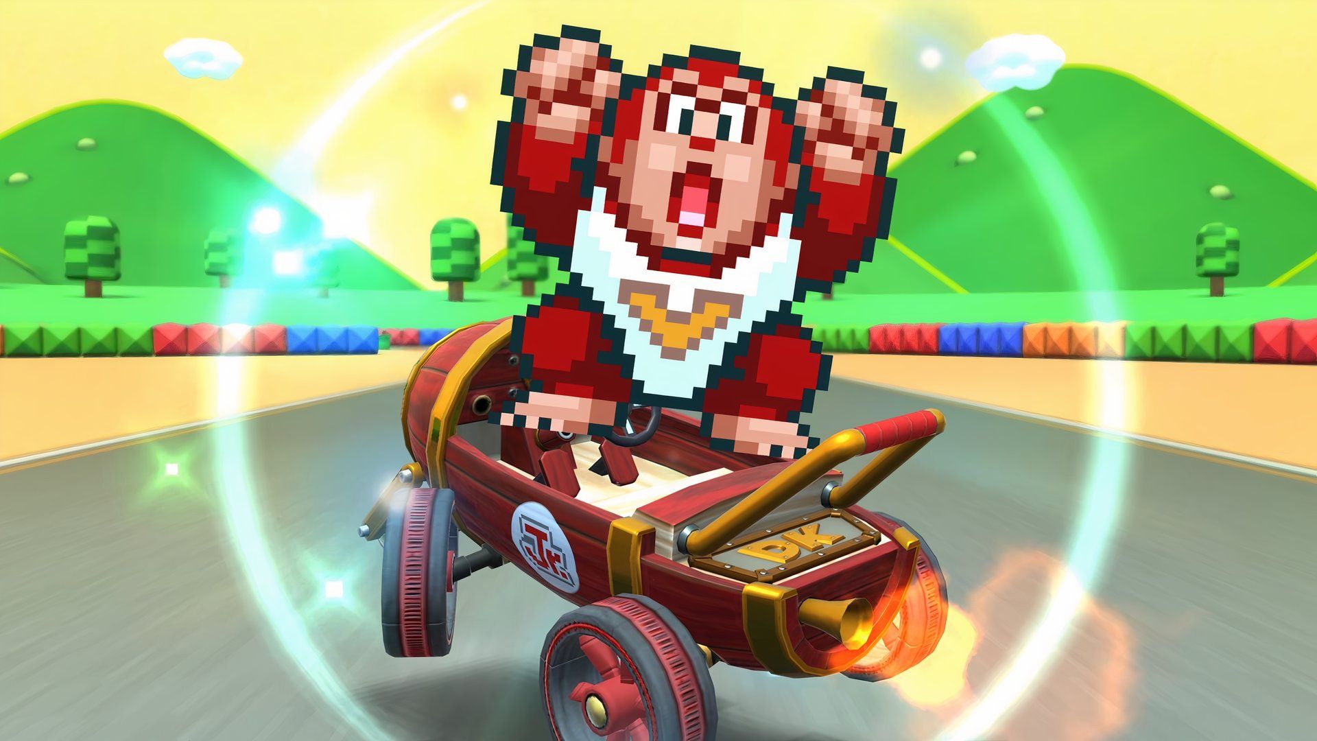 Donkey Kong Jr. appearing as a SNES sprite in Mario Kart Tour.